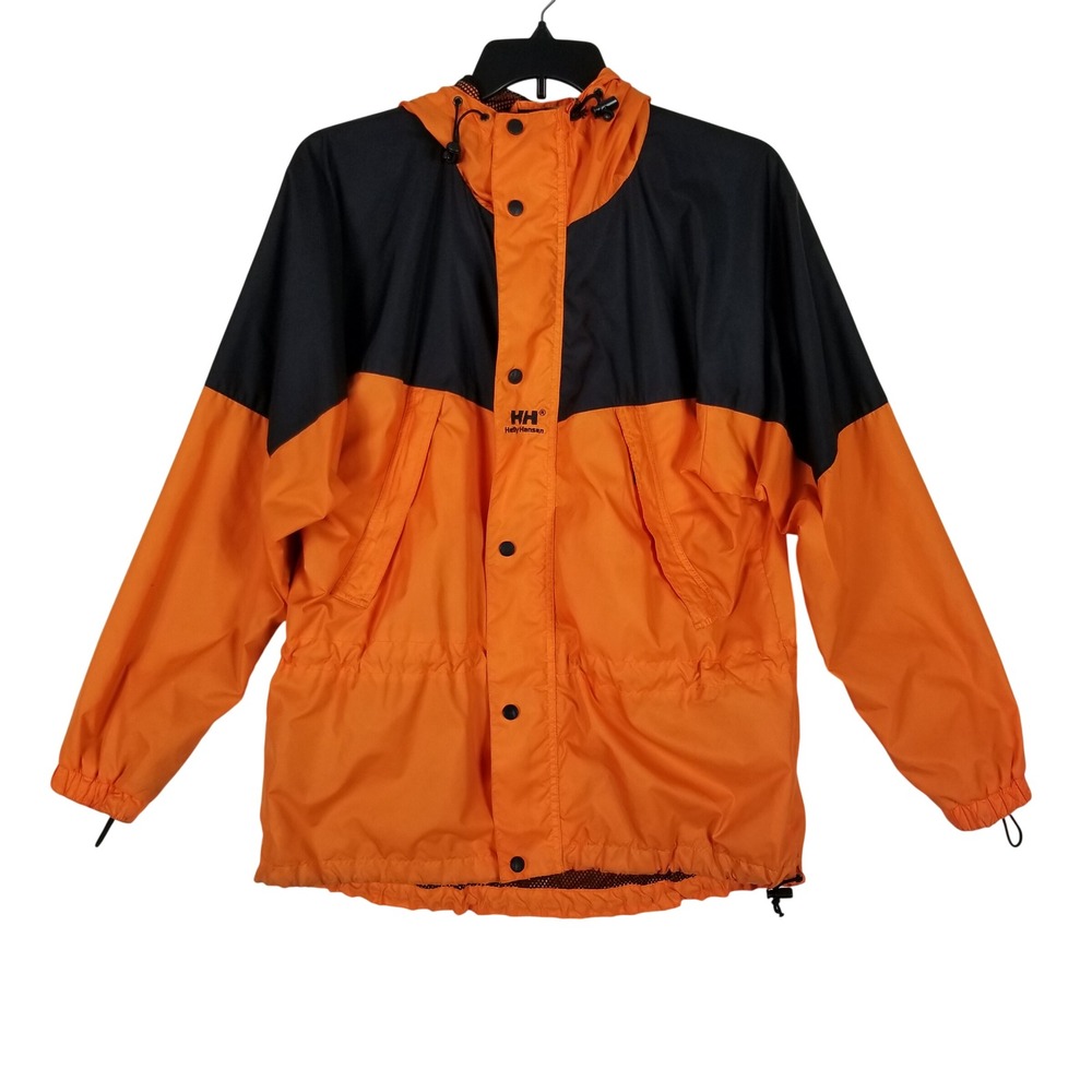 Helly Hansen Rain Jacket Mens M Orange Black Colorblock Hooded Windbreaker 19304